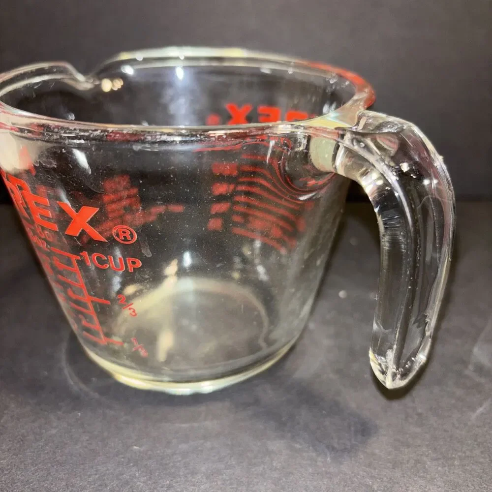 Pyrex 1 Cup Clear Measuring Cup with Red Graphics Oven Safe Made in USA